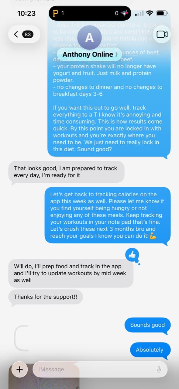Anthony Geebs Coaching client message screenshot about accountability text