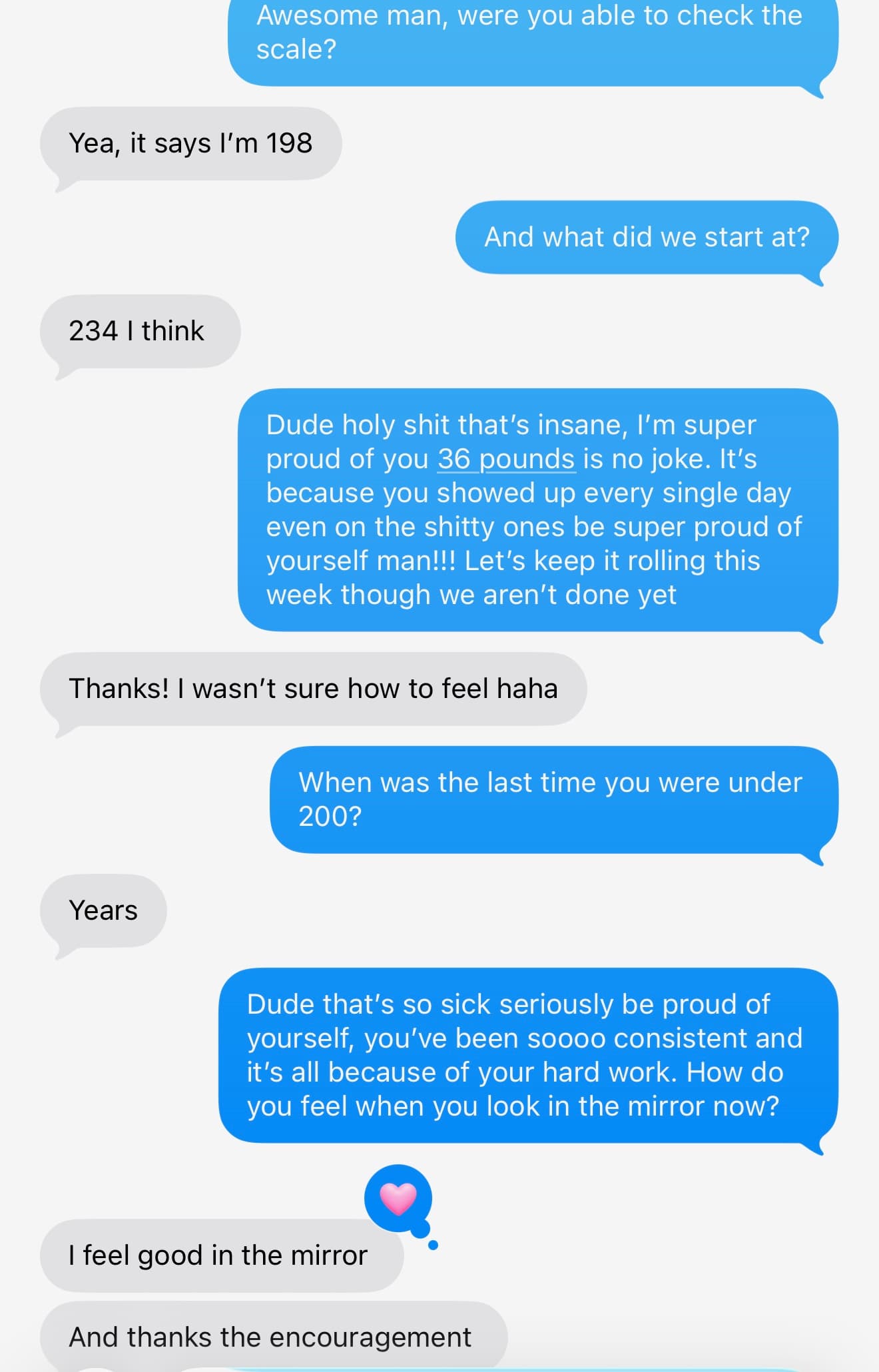 Anonymous client Geebs Coaching testimonial screenshot about 234 to 198 lb