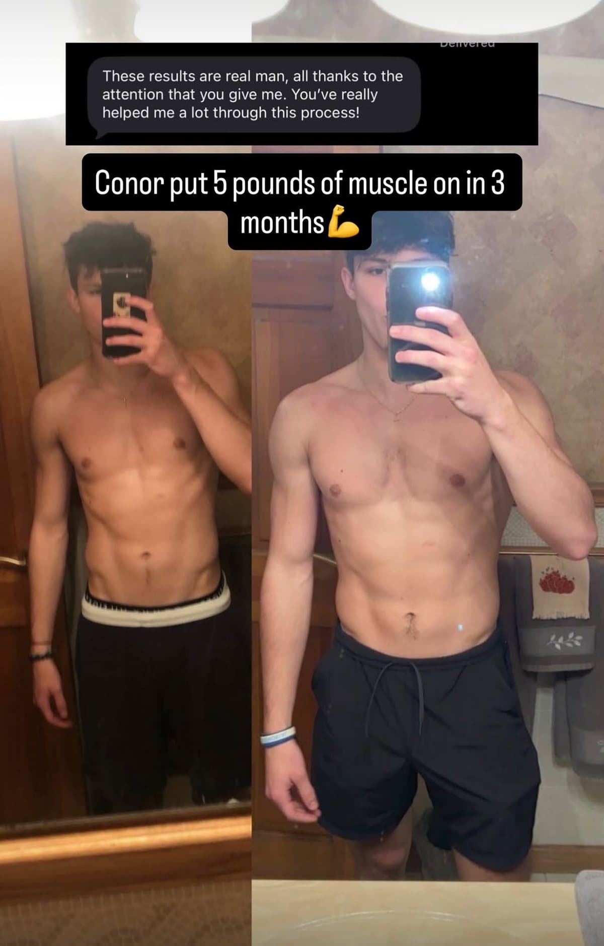Geebs Coaching client Conor before and after photos three months apart with his message about the coaching process