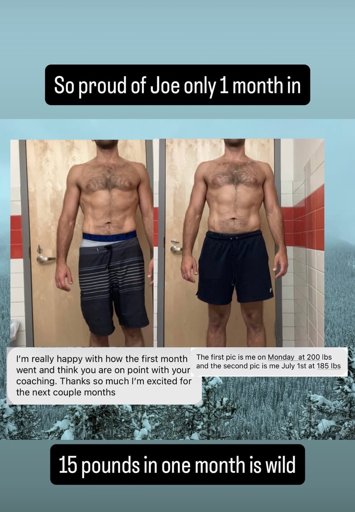 Geebs Coaching client Joe before and after photos one month apart with his message about the first month of coaching