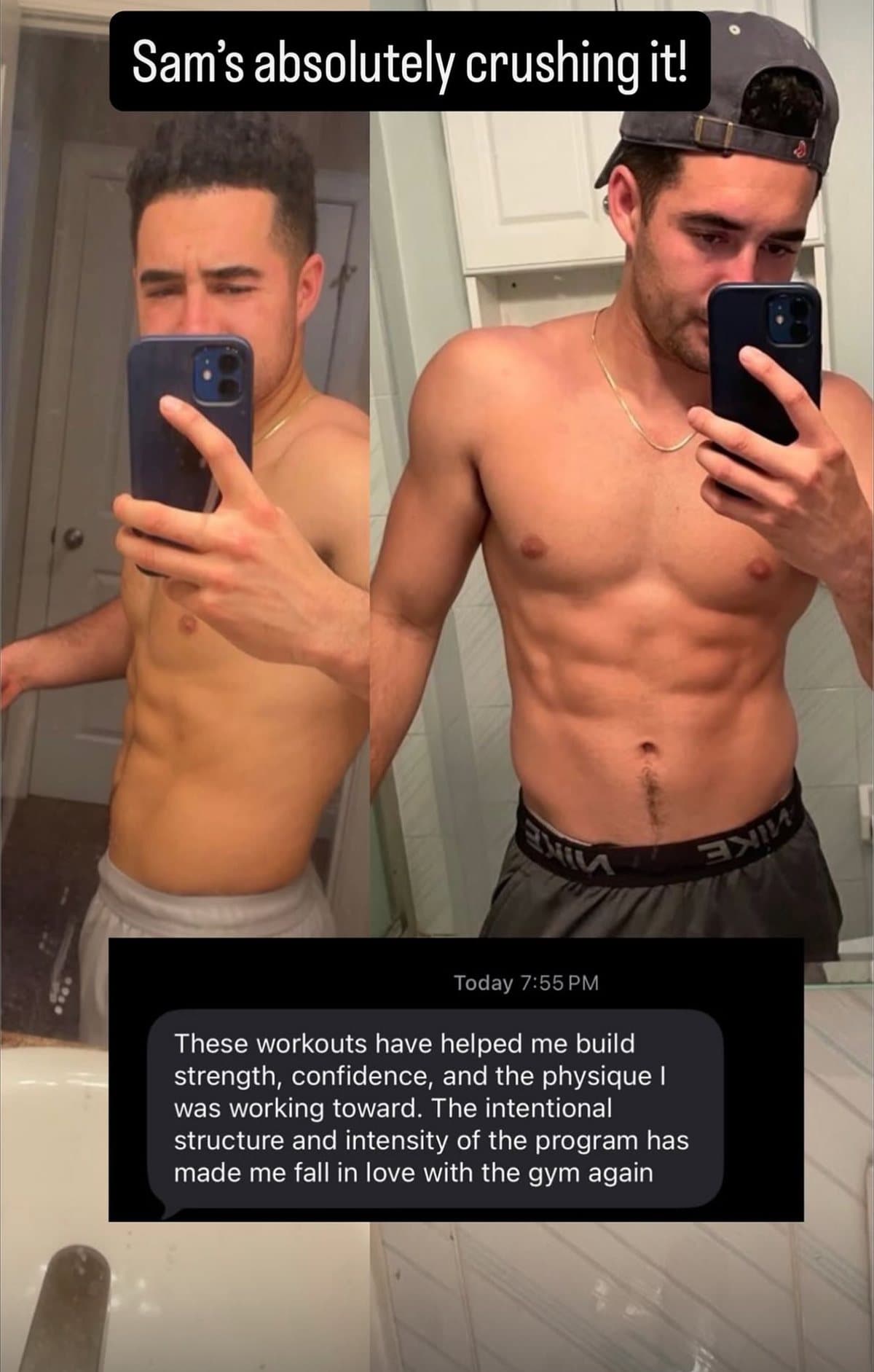 Geebs Coaching client Sam before and after photos with his message about building strength and confidence