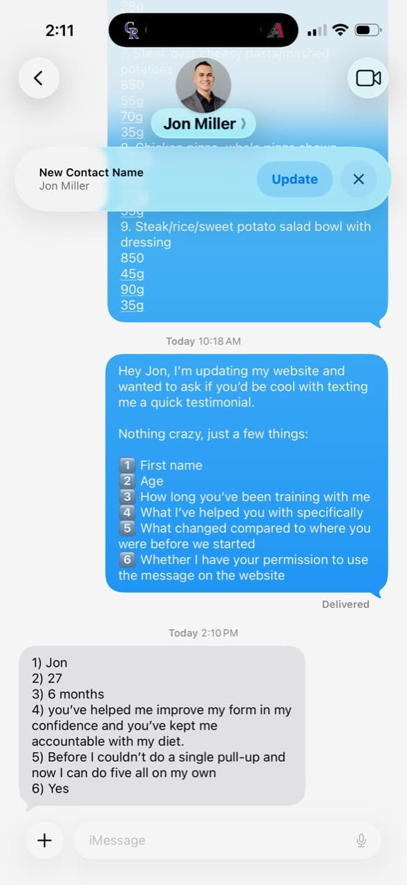 Jon Miller Geebs Coaching testimonial screenshot about 6 months - better form, diet accountability, 5 pull-ups