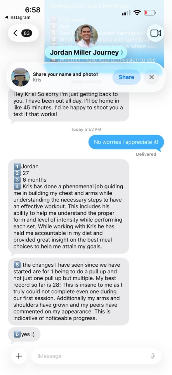 Jordan Miller Geebs Coaching testimonial screenshot about 6 months - chest and arm growth, diet accountability, 28-rep best