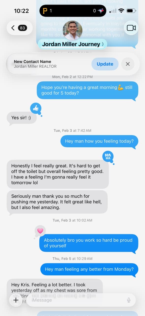 Jordan Geebs Coaching client message screenshot about training reaction