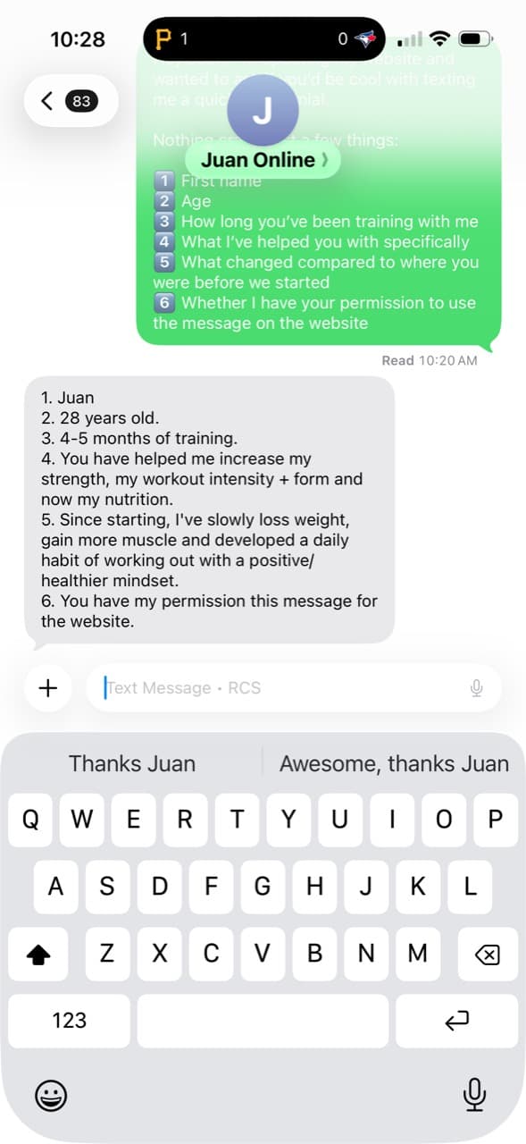 Juan Geebs Coaching testimonial screenshot about 4-5 months - strength, form, nutrition, and consistency
