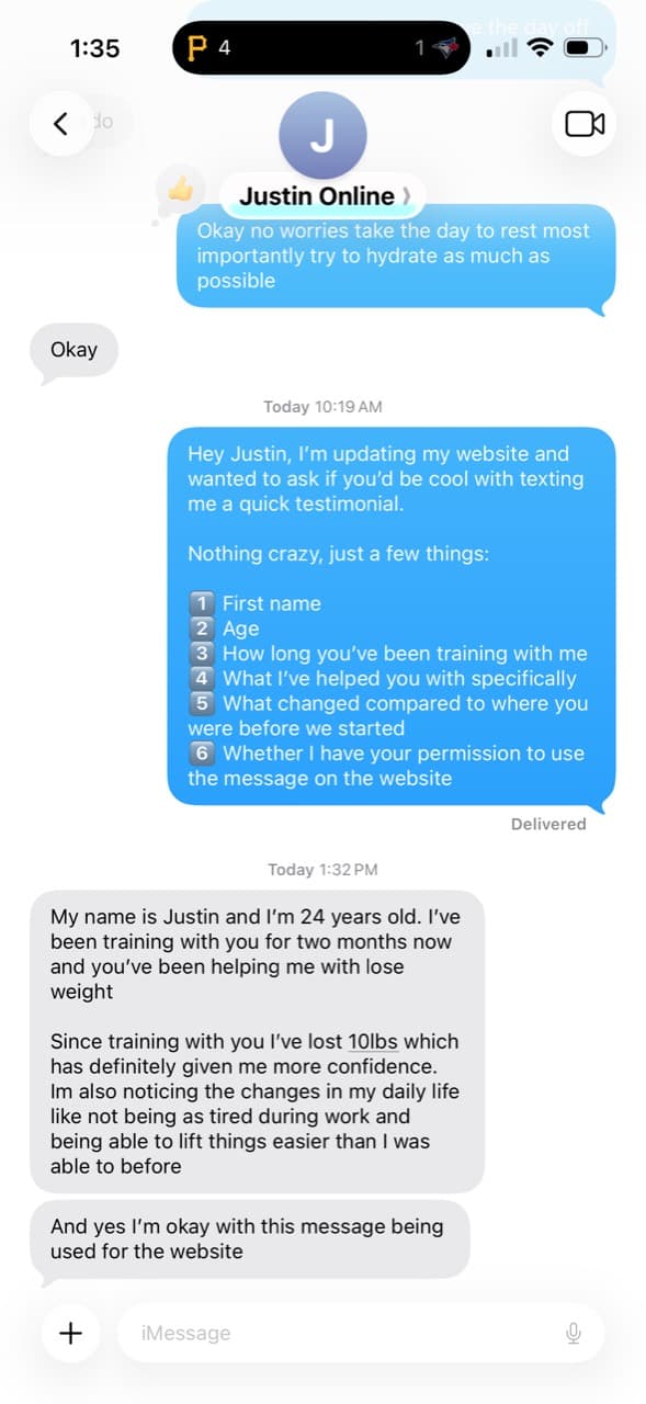Justin Geebs Coaching testimonial screenshot about 2 months - down 10 lb, more confidence, more energy