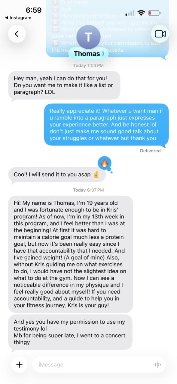 Thomas Geebs Coaching testimonial screenshot about 13 weeks - gained weight, protein consistency, more confidence